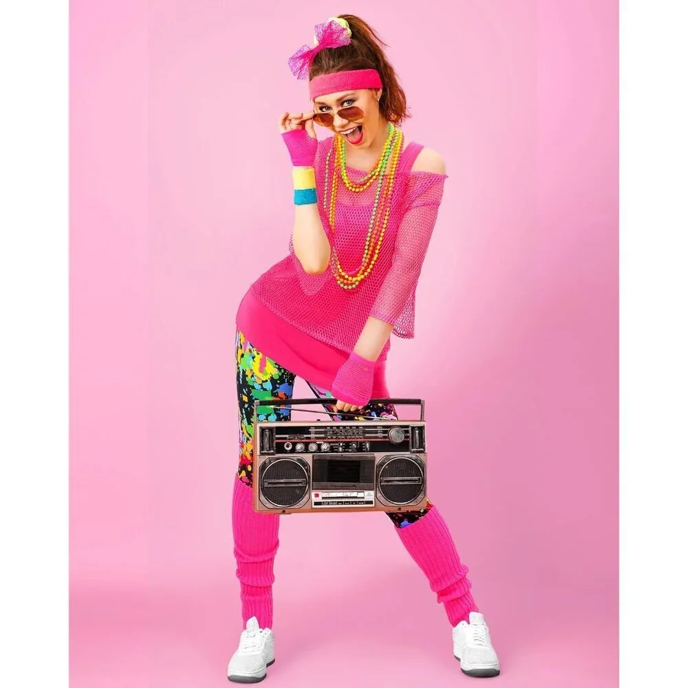 80s Costume Accessories for Women Neon Fishnet Shirt Leggings Vests Gloves